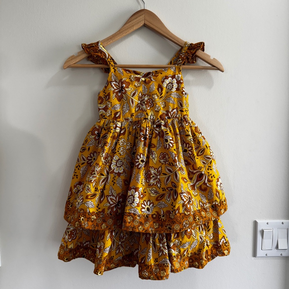 Joie Floral Paisley Tiered Ruffle Dress Mustard Yellow Girls Size 5 Boho Summer